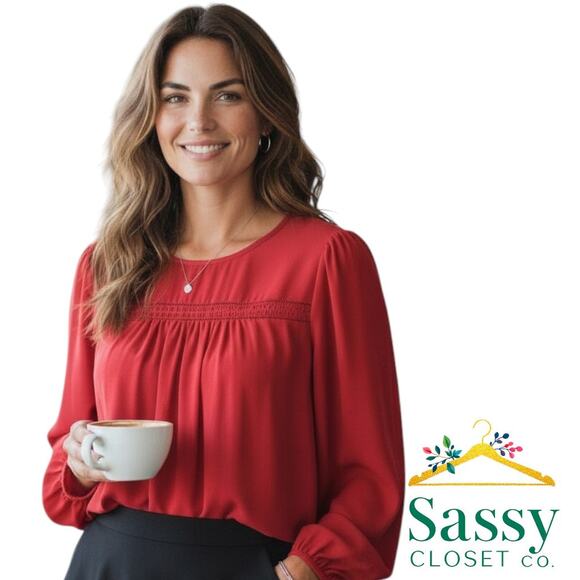 LOFT Tops - LOFT Pink Blouse Cutout Neckline Blouson Sleeves Shirred Bodice Size M EUC